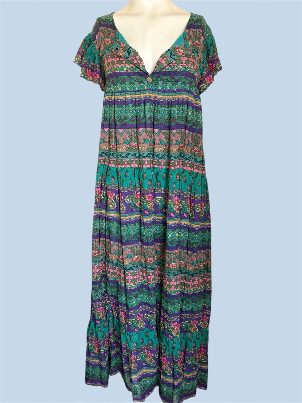 Vintage 80’s Erika Taylor India Block Print Tiered Flutter Sleeve Maxi Dress M